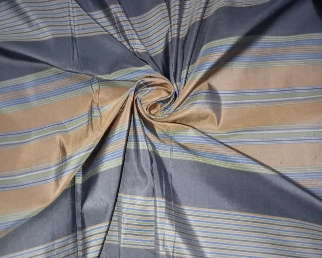 100% silk taffeta fabric grey gold blue stripes 54&quot; wide