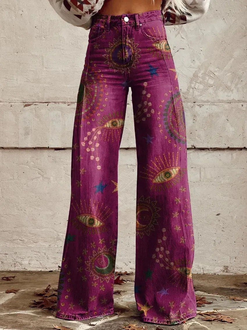 2024 Autumn New Tiki Euro America Plus Size Women's Casual Pants Thin Imitation Jeans Wide Leg 3D Printed Pants jeansy2k Pantsba