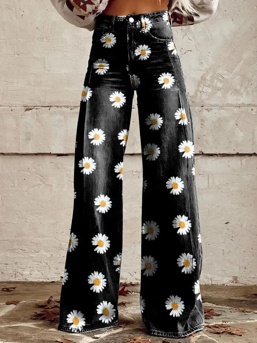 2024 Autumn New Tiki Euro America Plus Size Women's Casual Pants Thin Imitation Jeans Wide Leg 3D Printed Pants jeansy2k Pantsba