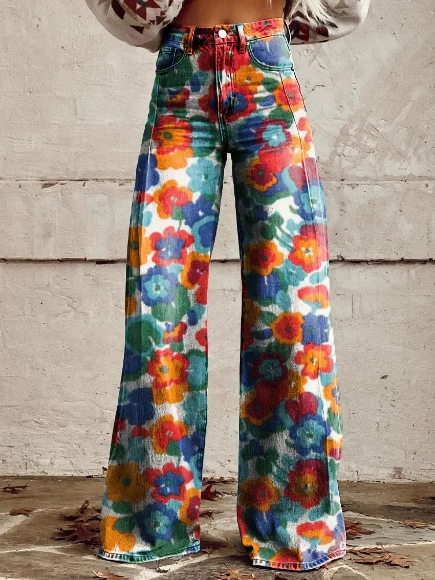 2024 Autumn New Tiki Euro America Plus Size Women's Casual Pants Thin Imitation Jeans Wide Leg 3D Printed Pants jeansy2k Pantsba
