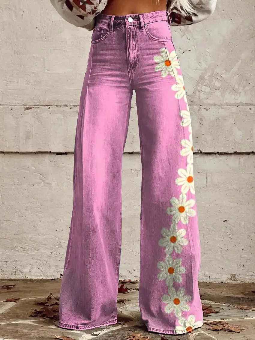 2024 Autumn New Tiki Euro America Plus Size Women's Casual Pants Thin Imitation Jeans Wide Leg 3D Printed Pants jeansy2k Pantsba