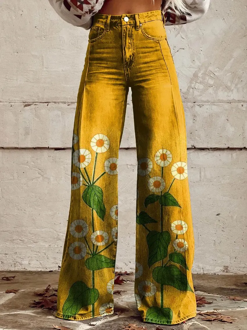 2024 Autumn New Tiki Euro America Plus Size Women's Casual Pants Thin Imitation Jeans Wide Leg 3D Printed Pants jeansy2k Pantsba