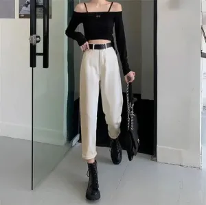 2025 High-Waisted Slimming Carrot Jeans – Women’s Loose-Fit Straight-Leg Pants, Student/Dad Style for Spring & Autumn