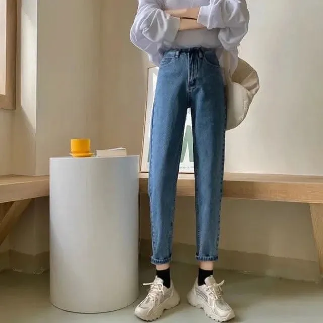 2025 High-Waisted Slimming Carrot Jeans – Women’s Loose-Fit Straight-Leg Pants, Student/Dad Style for Spring & Autumn