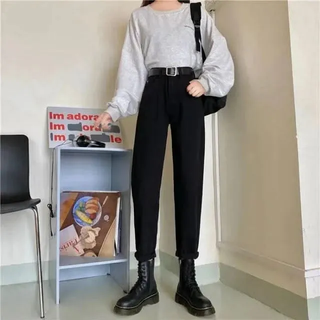 2025 High-Waisted Slimming Carrot Jeans – Women’s Loose-Fit Straight-Leg Pants, Student/Dad Style for Spring & Autumn