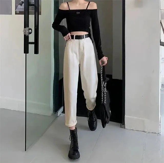 2025 High-Waisted Slimming Carrot Jeans – Women’s Loose-Fit Straight-Leg Pants, Student/Dad Style for Spring & Autumn