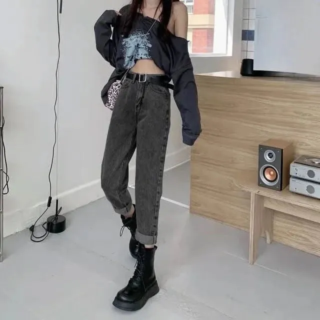 2025 High-Waisted Slimming Carrot Jeans – Women’s Loose-Fit Straight-Leg Pants, Student/Dad Style for Spring & Autumn