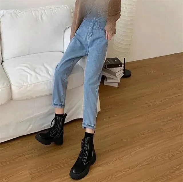 2025 High-Waisted Slimming Carrot Jeans – Women’s Loose-Fit Straight-Leg Pants, Student/Dad Style for Spring & Autumn