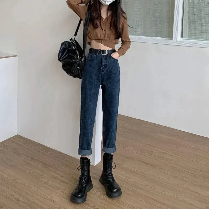 2025 High-Waisted Slimming Carrot Jeans – Women’s Loose-Fit Straight-Leg Pants, Student/Dad Style for Spring & Autumn