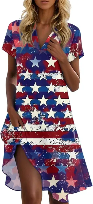 4Th of July Summer Midi Dresses for Women Patriotic Tshirt Dress Collared V Neck Short Sleeve Swing Festival Outfits