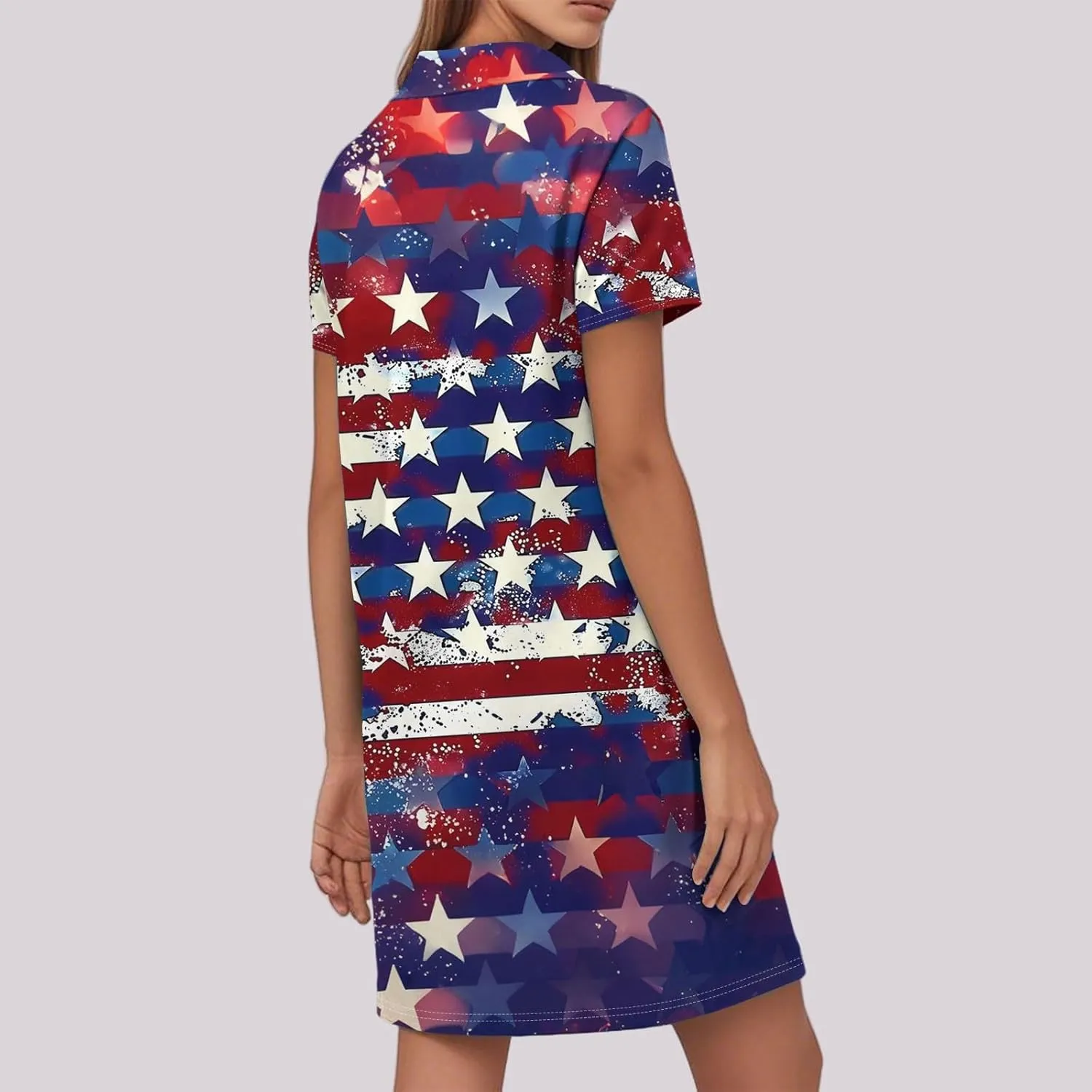 4Th of July Summer Midi Dresses for Women Patriotic Tshirt Dress Collared V Neck Short Sleeve Swing Festival Outfits