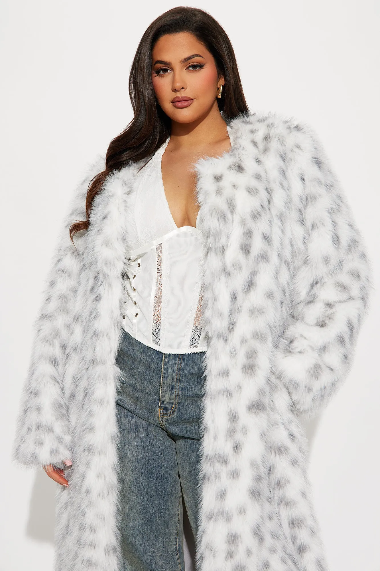A Sight To See Faux Fur Trench - White/combo