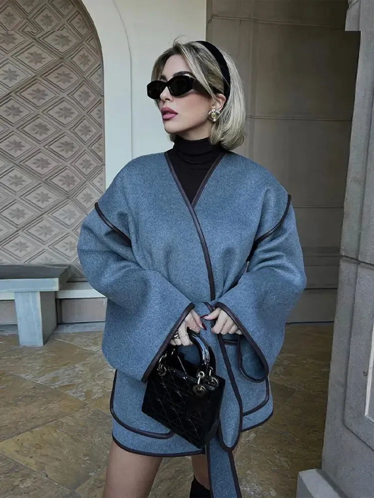 Back To School Joskaa Chic Solid Leather Edge Full Sleeves Coats Elegant V-neck With Belt Fall Winter Jackets For Women 2024 New High Street Outerwear