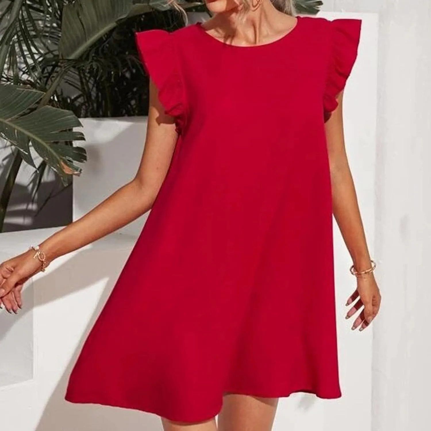 Beach Dresses for Women Plus Size Lounge Ruffles Cap Sleeveless Mini Dress Gift Solid Cruise Outfits for Women 2025