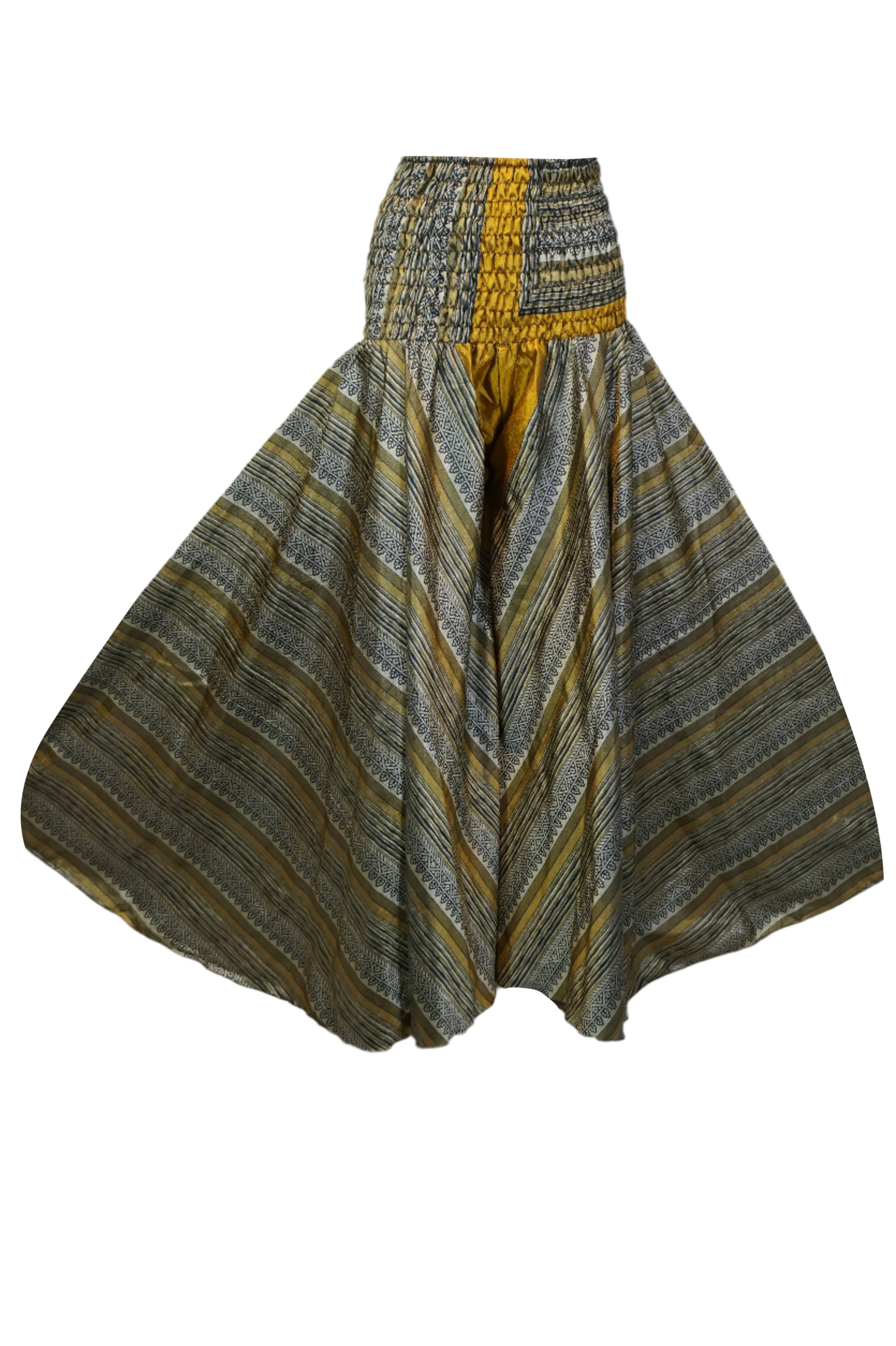 Bohemian Gold Boho Flare Pants – Hippie-Inspired Box Print Palazzo Trousers SM