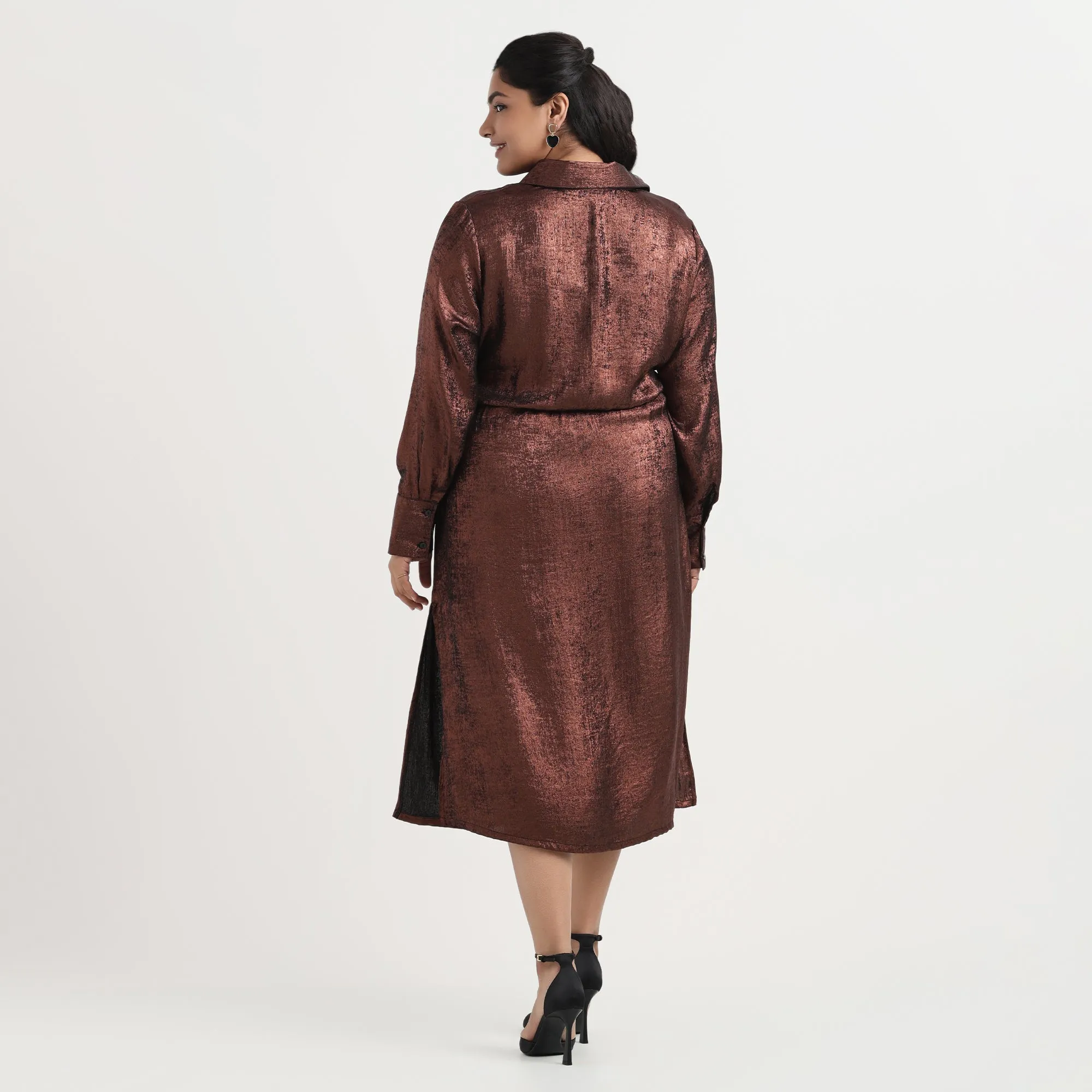 Bronze Foil Plus Size Tie-Up Shirt Dress