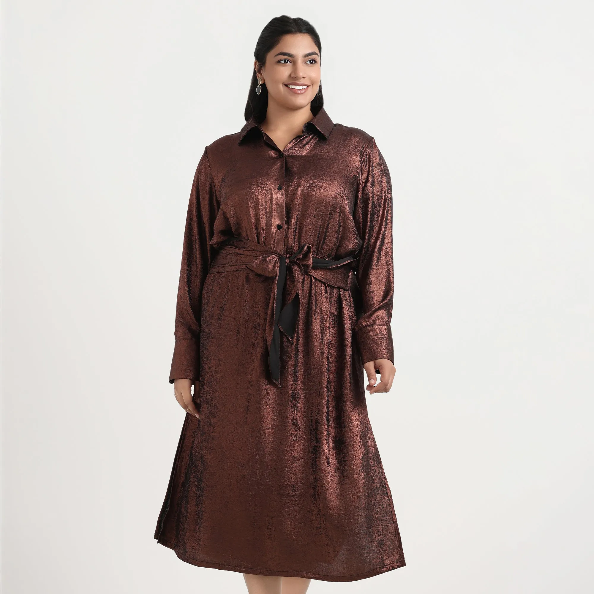 Bronze Foil Plus Size Tie-Up Shirt Dress