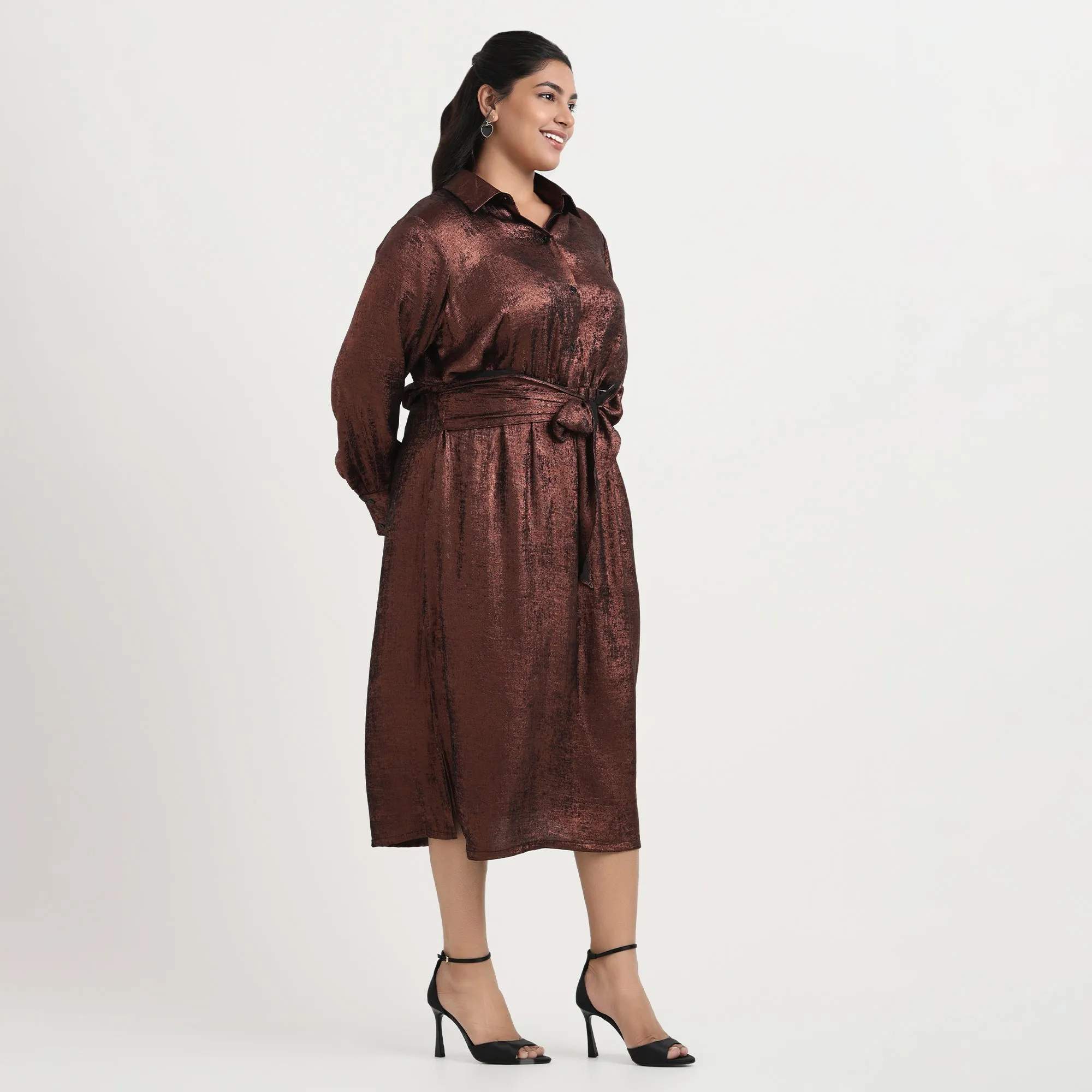Bronze Foil Plus Size Tie-Up Shirt Dress
