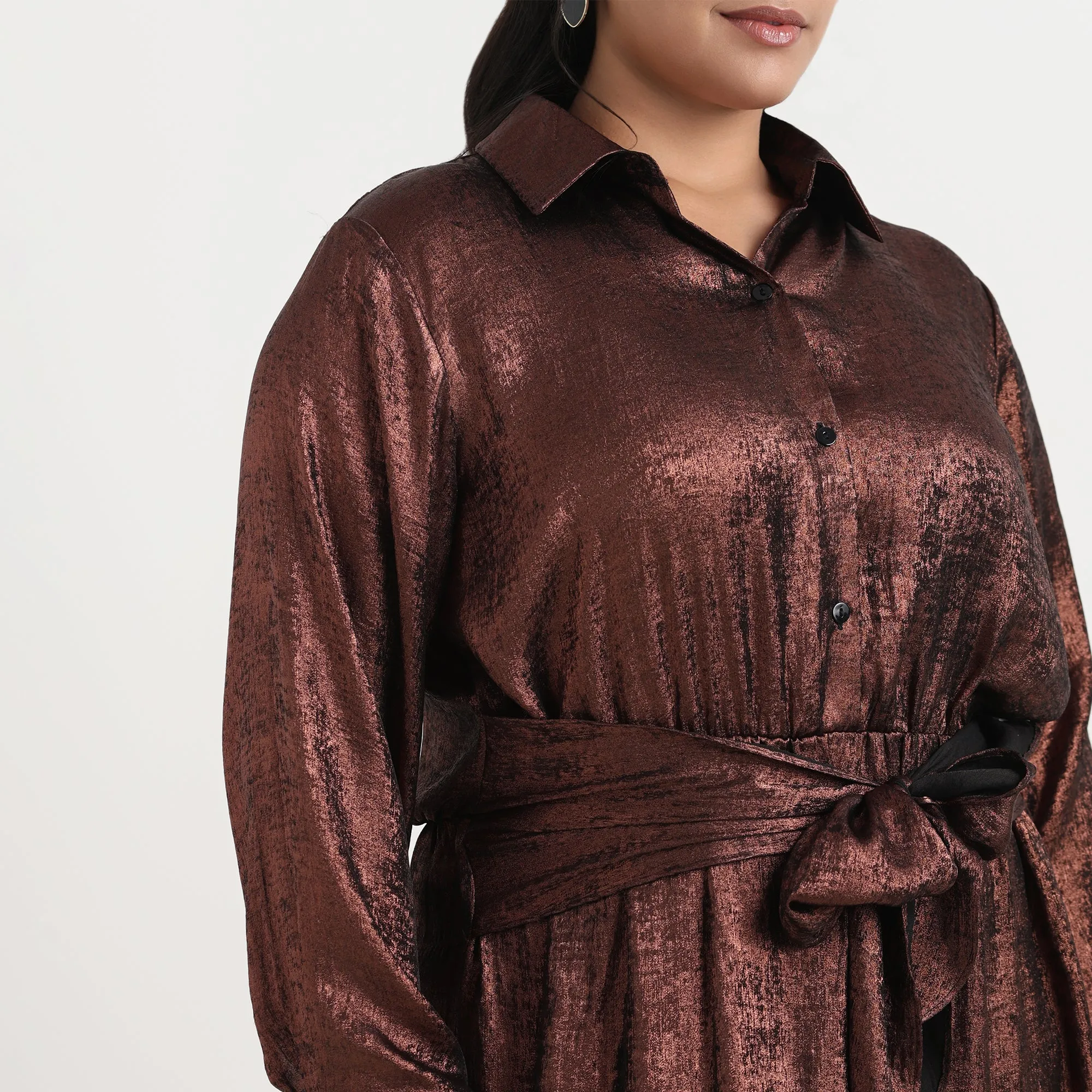 Bronze Foil Plus Size Tie-Up Shirt Dress