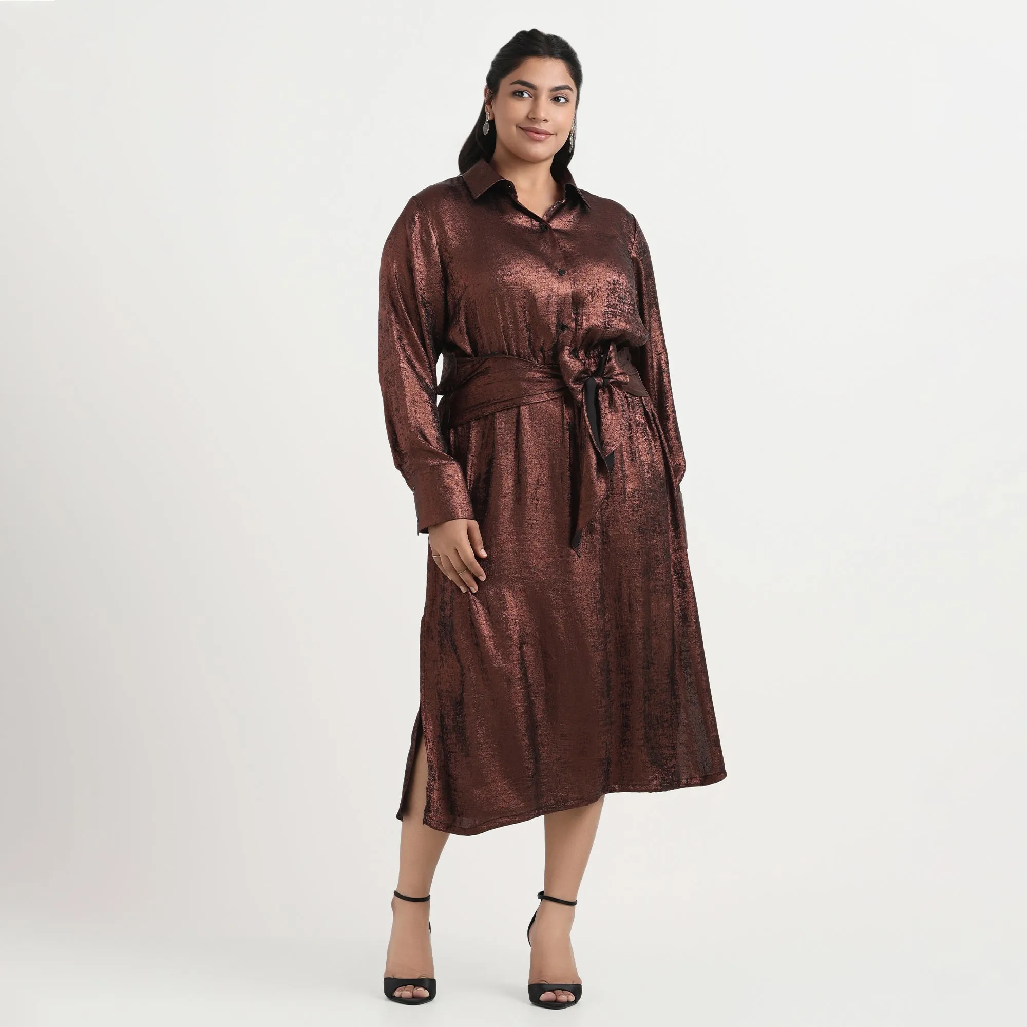 Bronze Foil Plus Size Tie-Up Shirt Dress