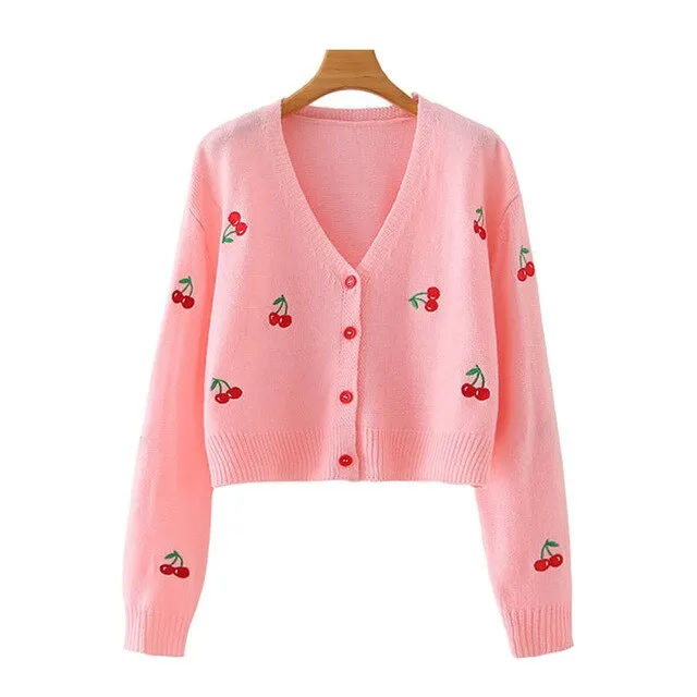 CHERRY EMBROIDERY CROPPED CARDIGAN