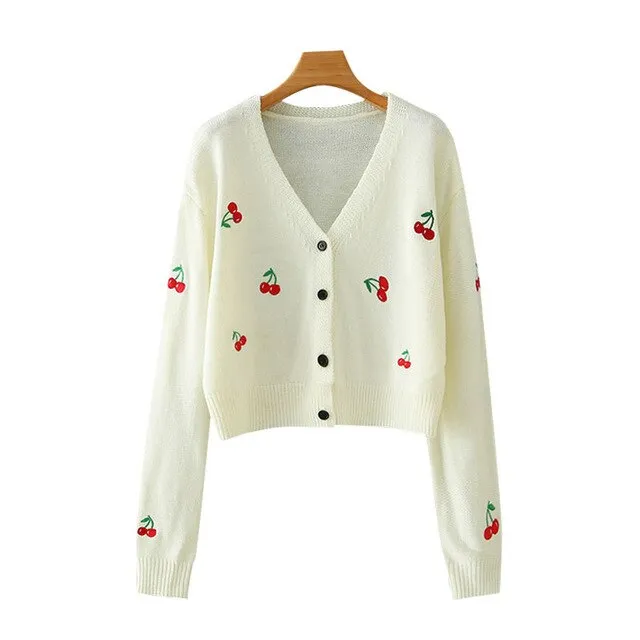 CHERRY EMBROIDERY CROPPED CARDIGAN