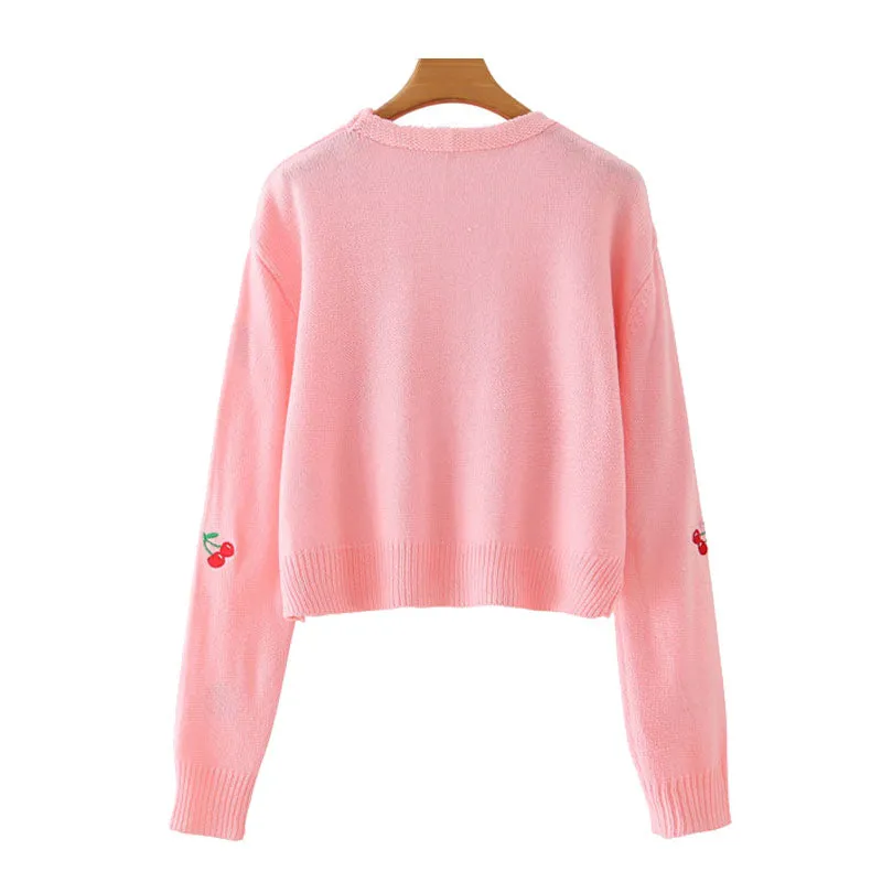 CHERRY EMBROIDERY CROPPED CARDIGAN