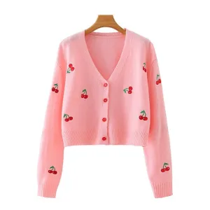 CHERRY EMBROIDERY CROPPED CARDIGAN