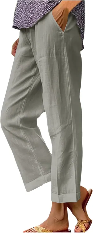 FZYLQY Cotton Linen Pants for Women Elastic High Waist Straight Leg Lounge Pants Casual Slacks Summer Trousers with Pockets