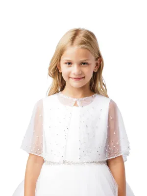 Girls White Bead Work Embellished Translucent Elegant Mesh Cape 5-16
