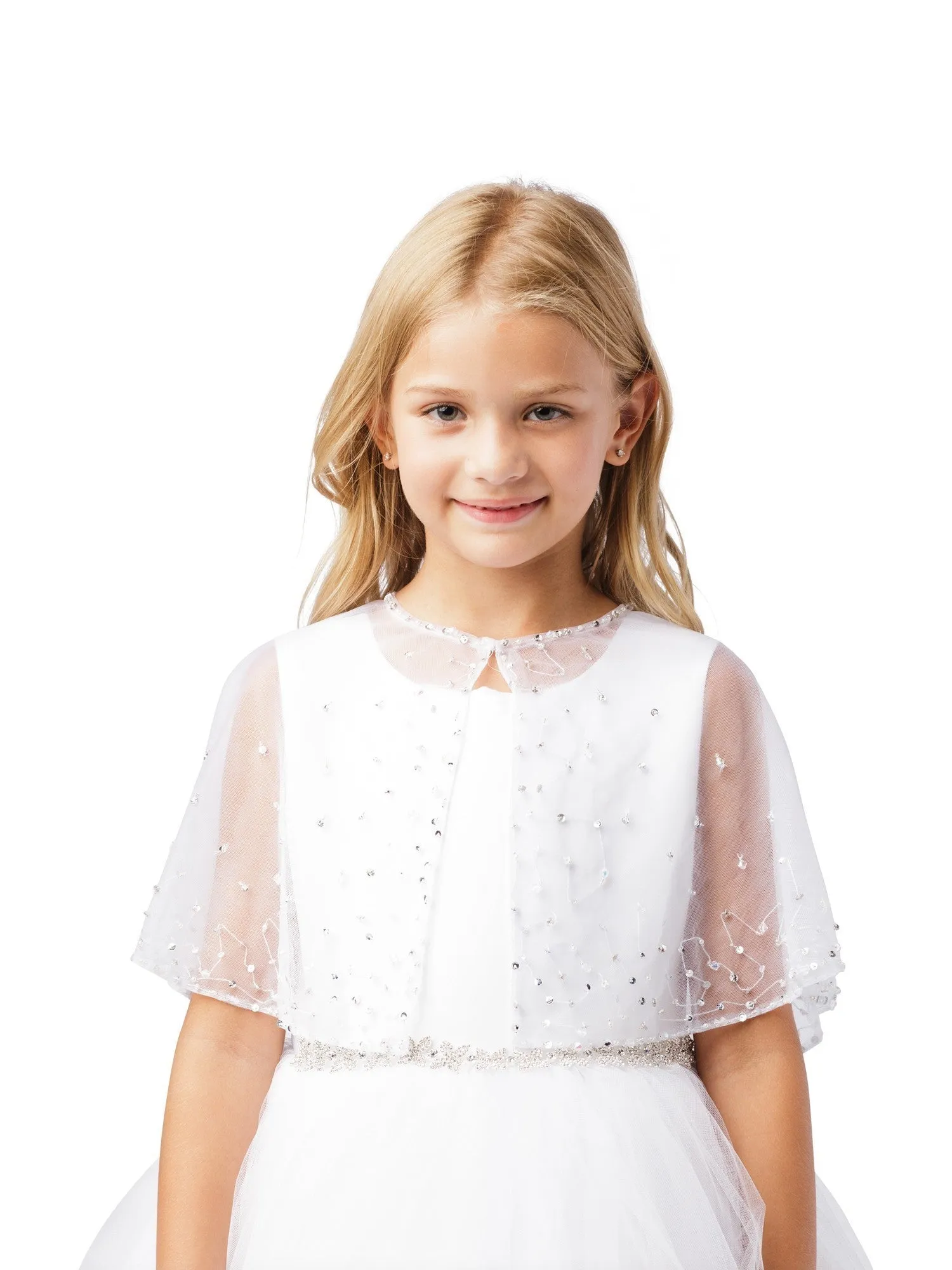 Girls White Bead Work Embellished Translucent Elegant Mesh Cape 5-16