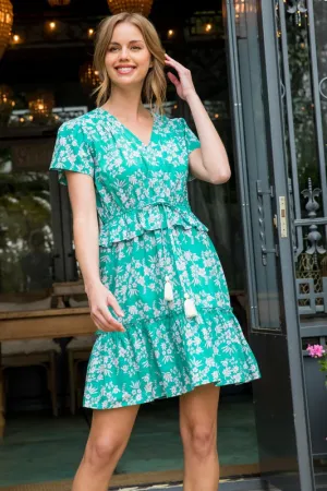 Green Floral Tiered V-neck W/ Tie Dress