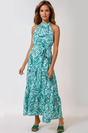 Green Paisley Print Halterneck Maxi Dress
