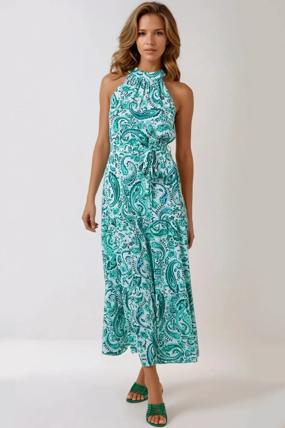 Green Paisley Print Halterneck Maxi Dress