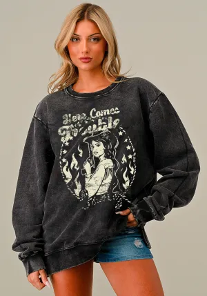 Here Comes Trouble  Acid Wash Relaxed fit Sweatshirt