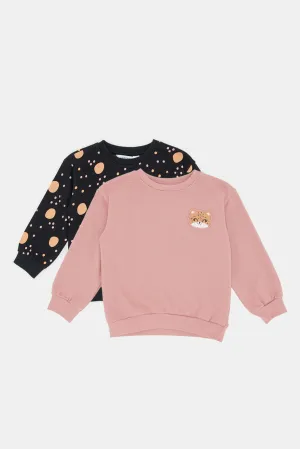 Infant Girls Navy And Pink Printed Sweatshirt Set (Pack Of 2)