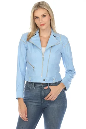 Insight New York Blue Studded Vegan Leather Moto Jacket BCJ8987