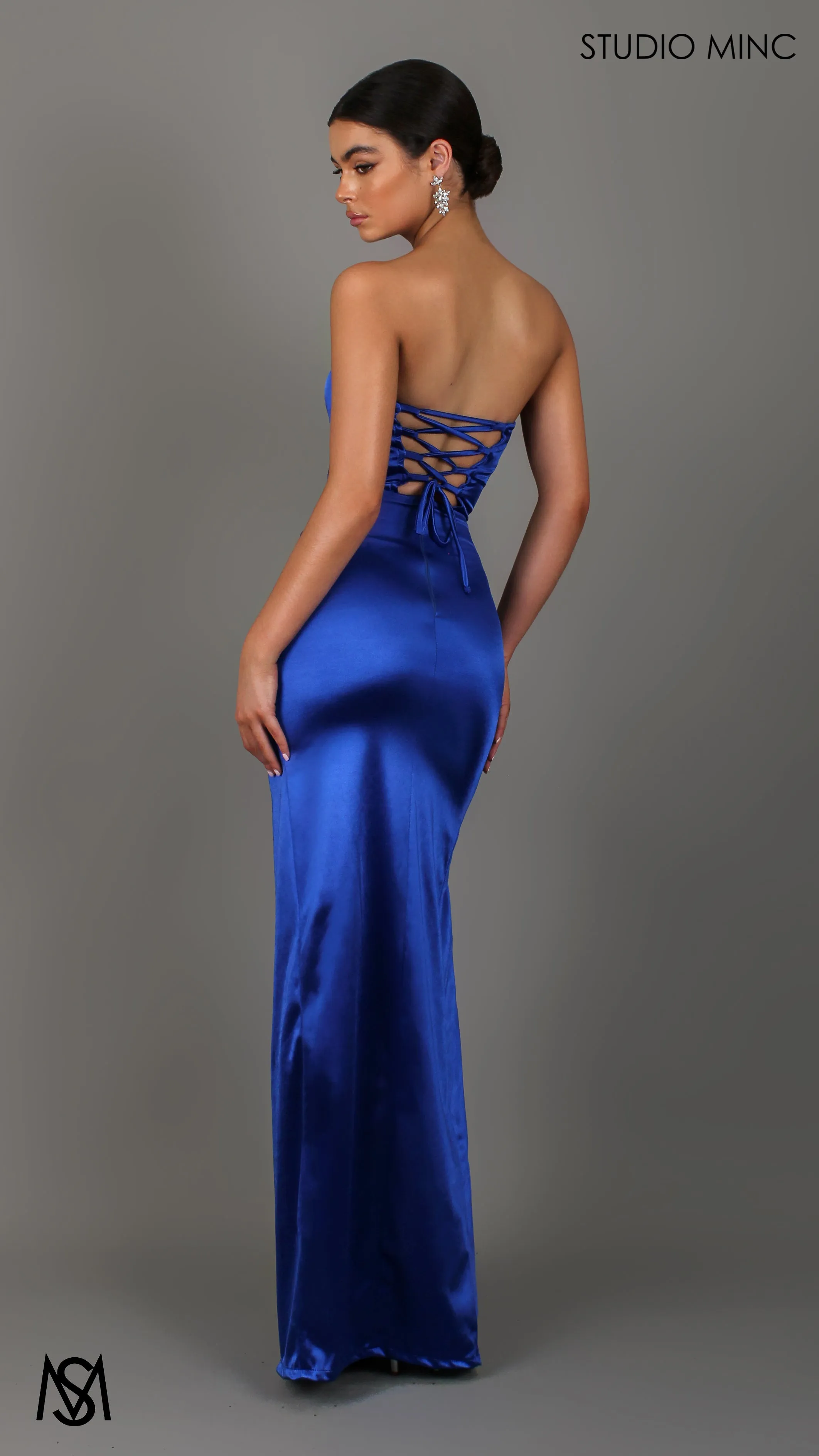 Iris - Cobalt Blue Formal Dress, Satin Strapless Corset Lace Up Fitted Leg Split