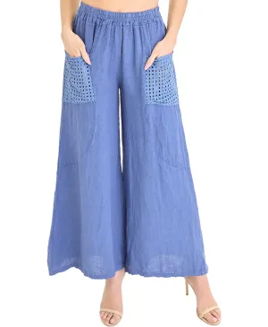 Linen Wide Leg Pants w/ Eyelet Pockets
