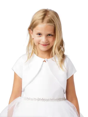 Little Girls White Short Sleeved One Button Closure Satin Bolero Jacket 2
