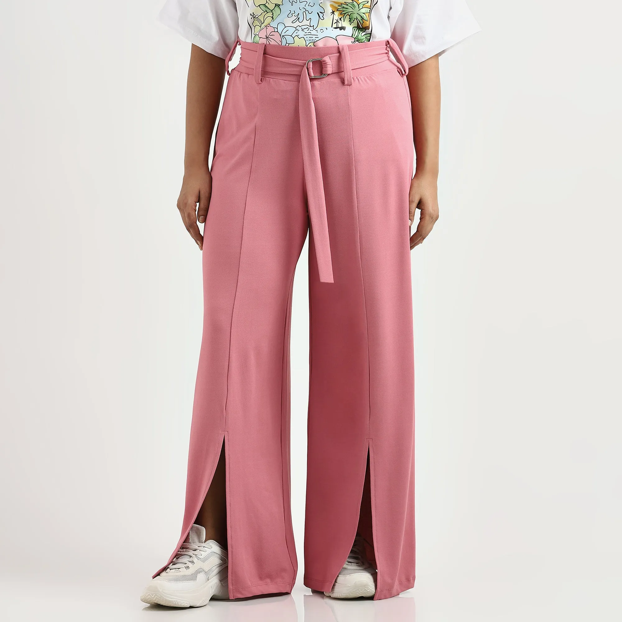 Pink Plus Size Knit Wide-Leg Pants with Belt