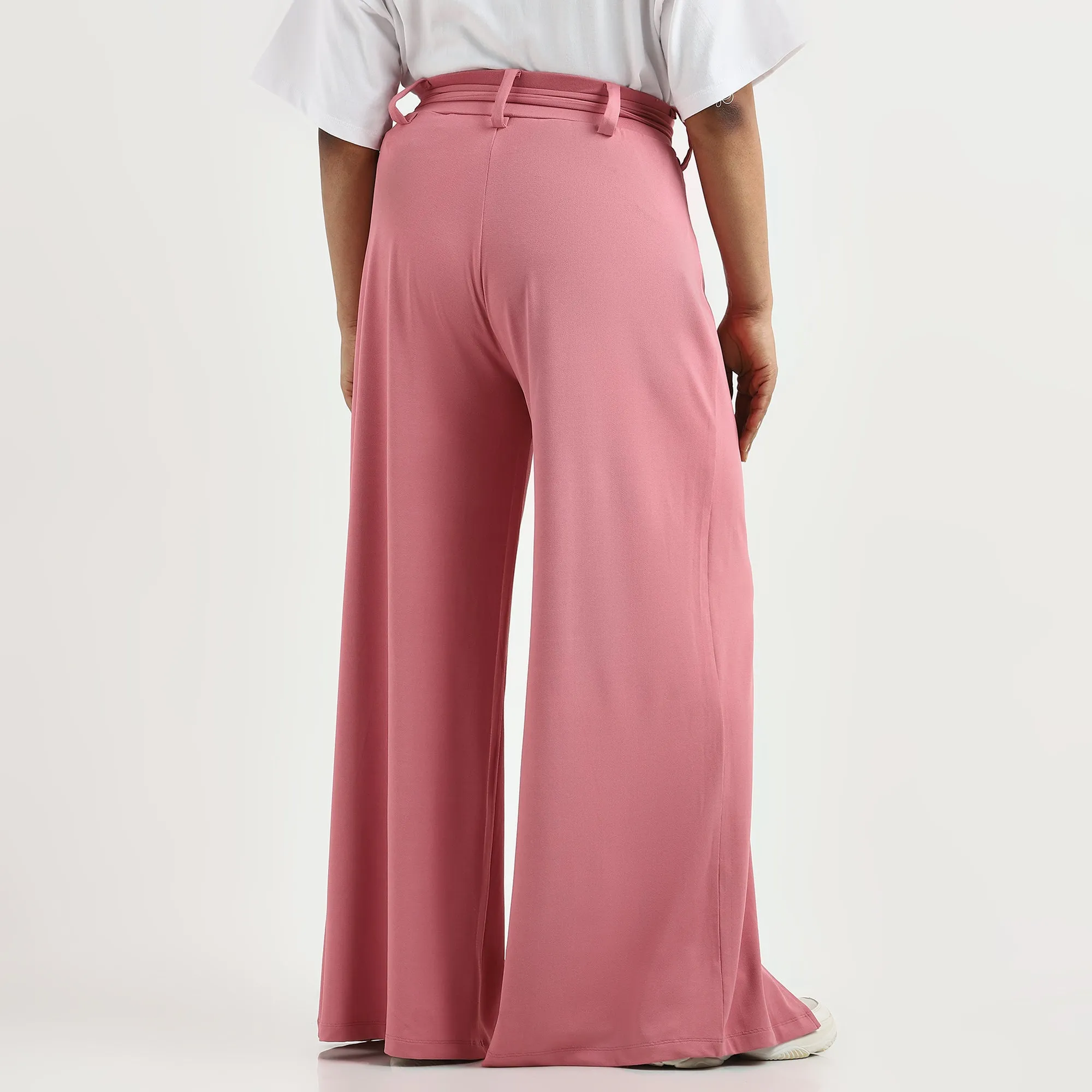 Pink Plus Size Knit Wide-Leg Pants with Belt