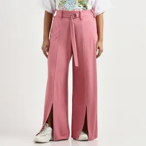 Pink Plus Size Knit Wide-Leg Pants with Belt