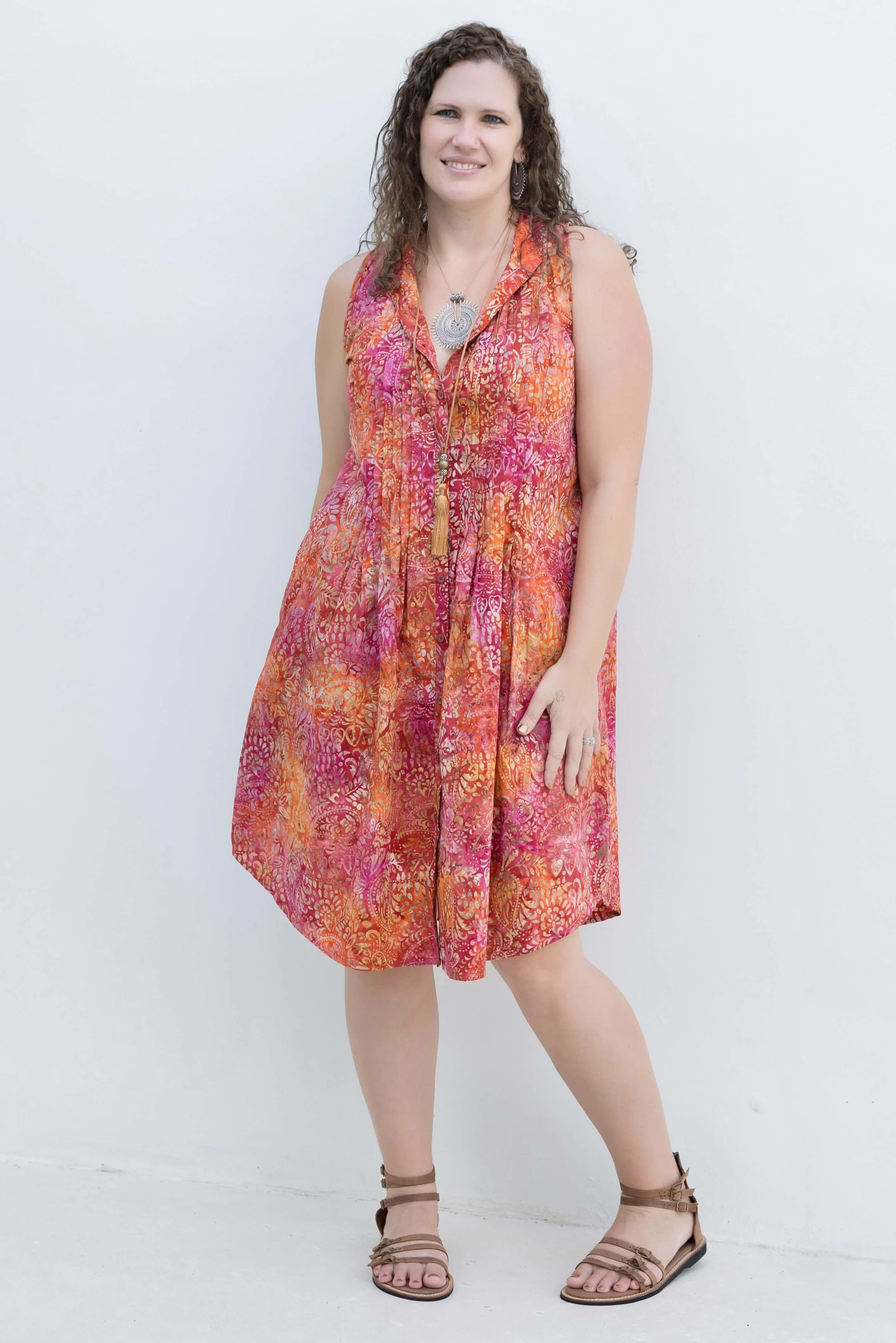 Pink Swirl Cotton Sleeveless Pintuck Dress