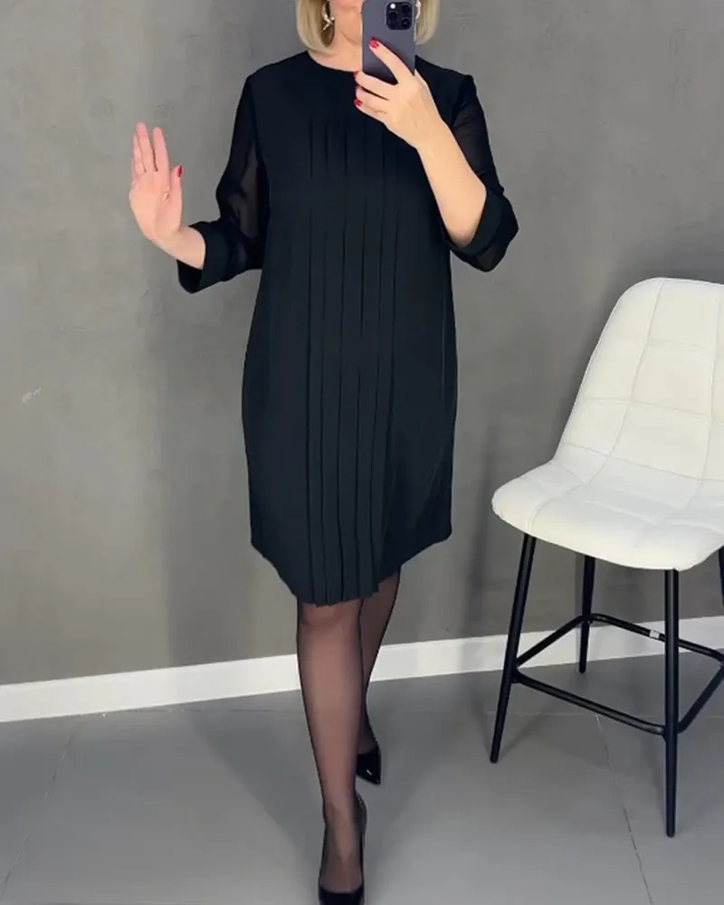 Pleated patchwork mesh solid color dress