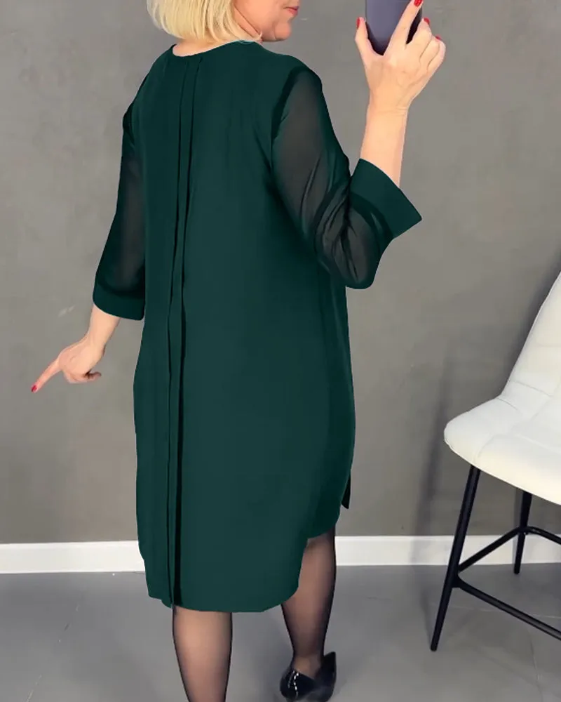 Pleated patchwork mesh solid color dress