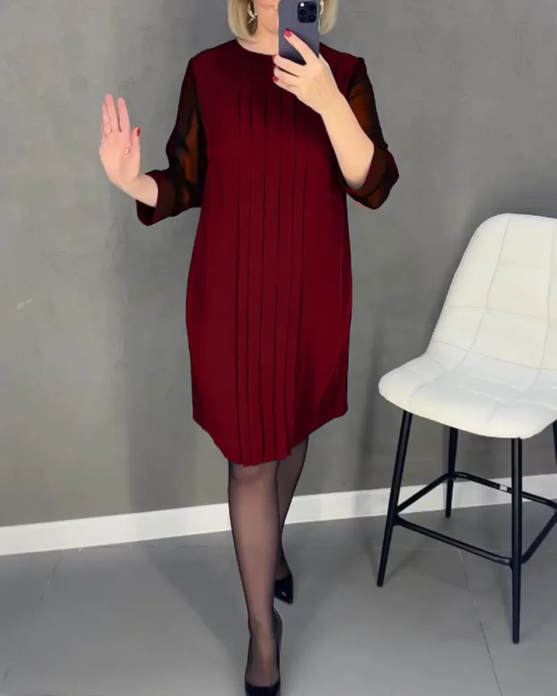 Pleated patchwork mesh solid color dress