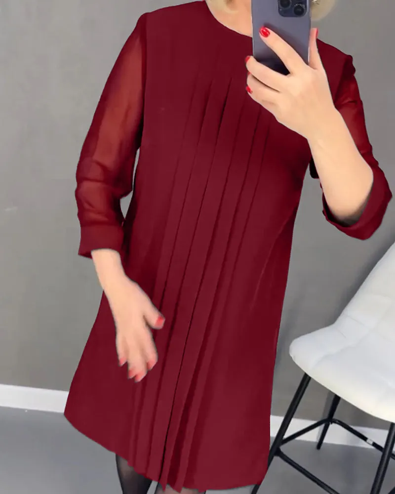 Pleated patchwork mesh solid color dress