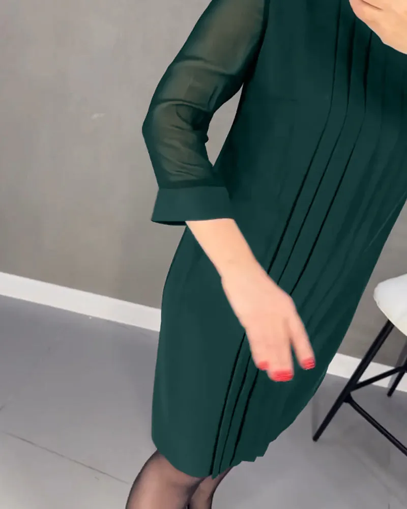 Pleated patchwork mesh solid color dress