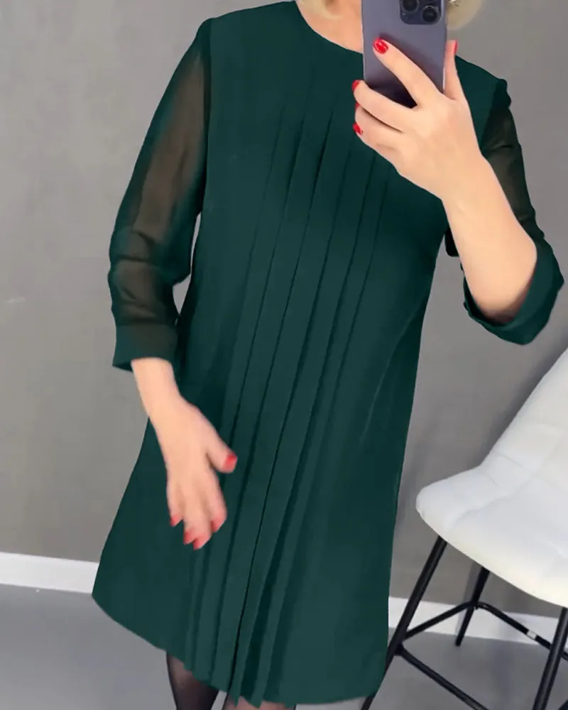 Pleated patchwork mesh solid color dress